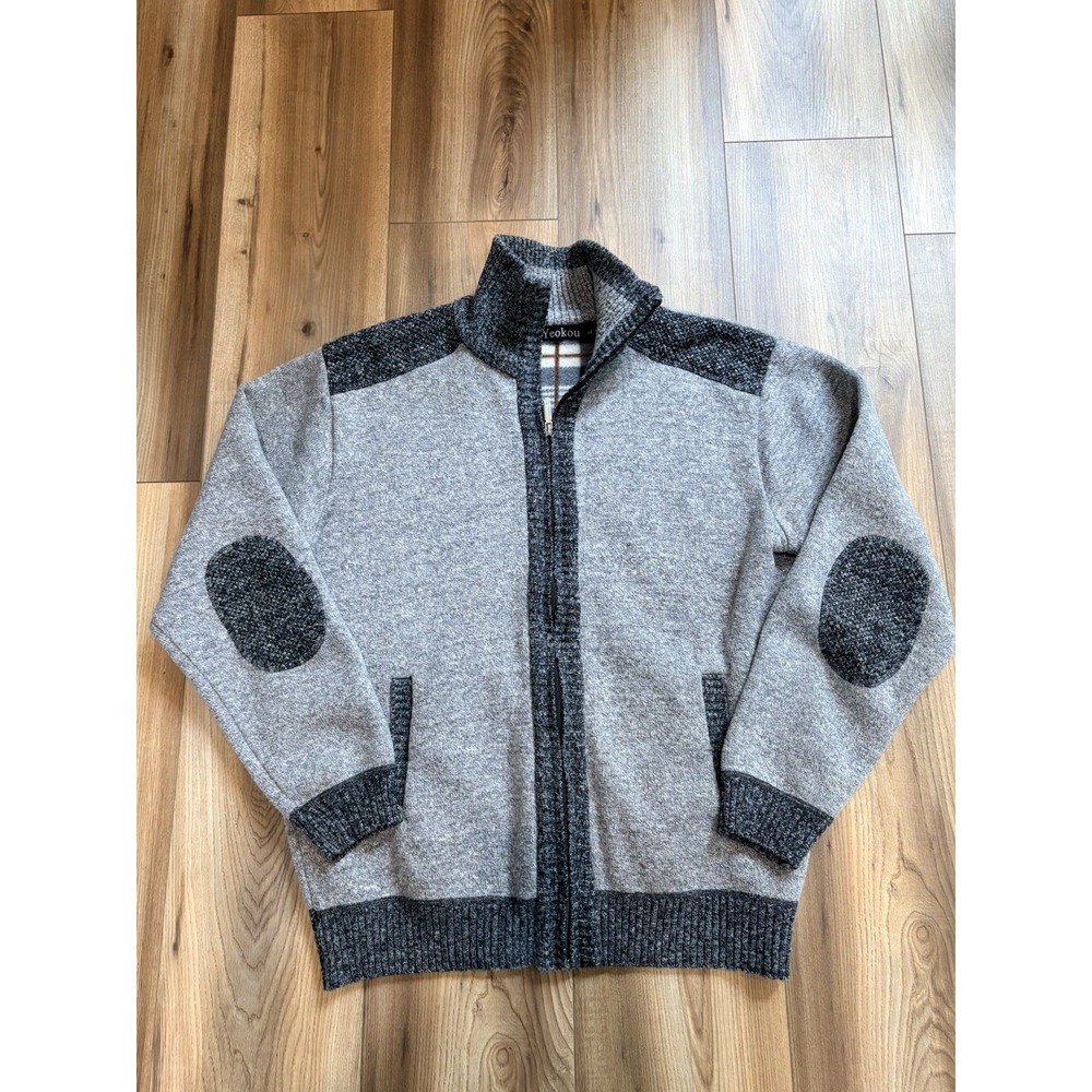 Yeokou Mens L Cashmere Wool Blend Full Zip Cardigan Sweater Gray Plaid Lined